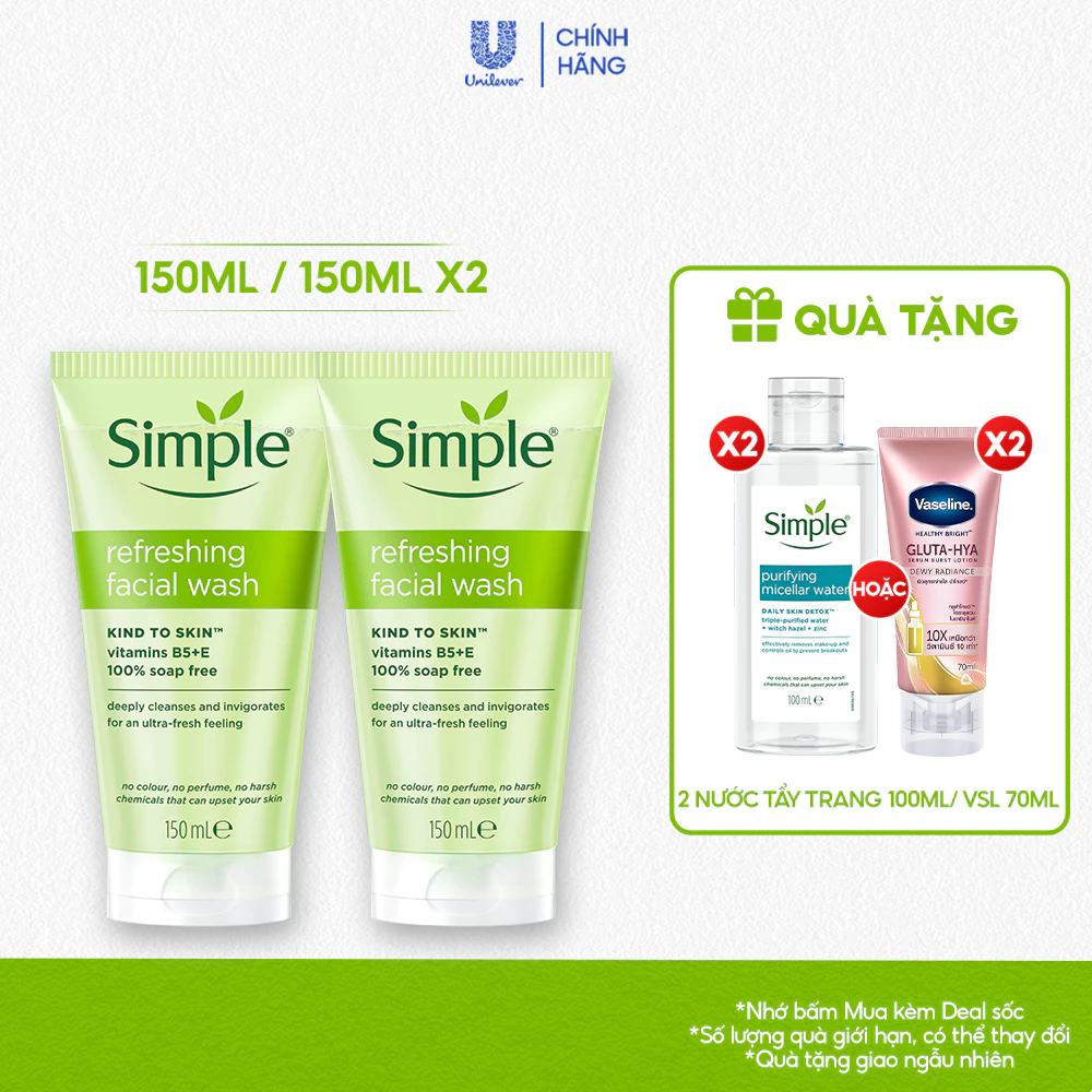 [Live] Tuýp lẻ/ Combo 2 sữa rửa mặt Simple lành tính và hiệu quả cho mọi loại da 150ml, 150mlx2