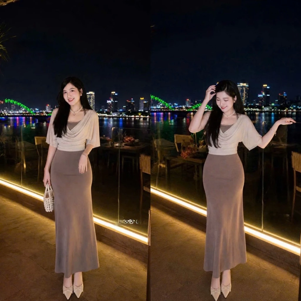 (Set 2 Chi Tiết): Áo Cổ Trễ Tay Dơi Mix Váy Nâu Maxi 2 Dây Ôm Body Chất Siêu Co Dãn-Ảnh Thật Lollaye