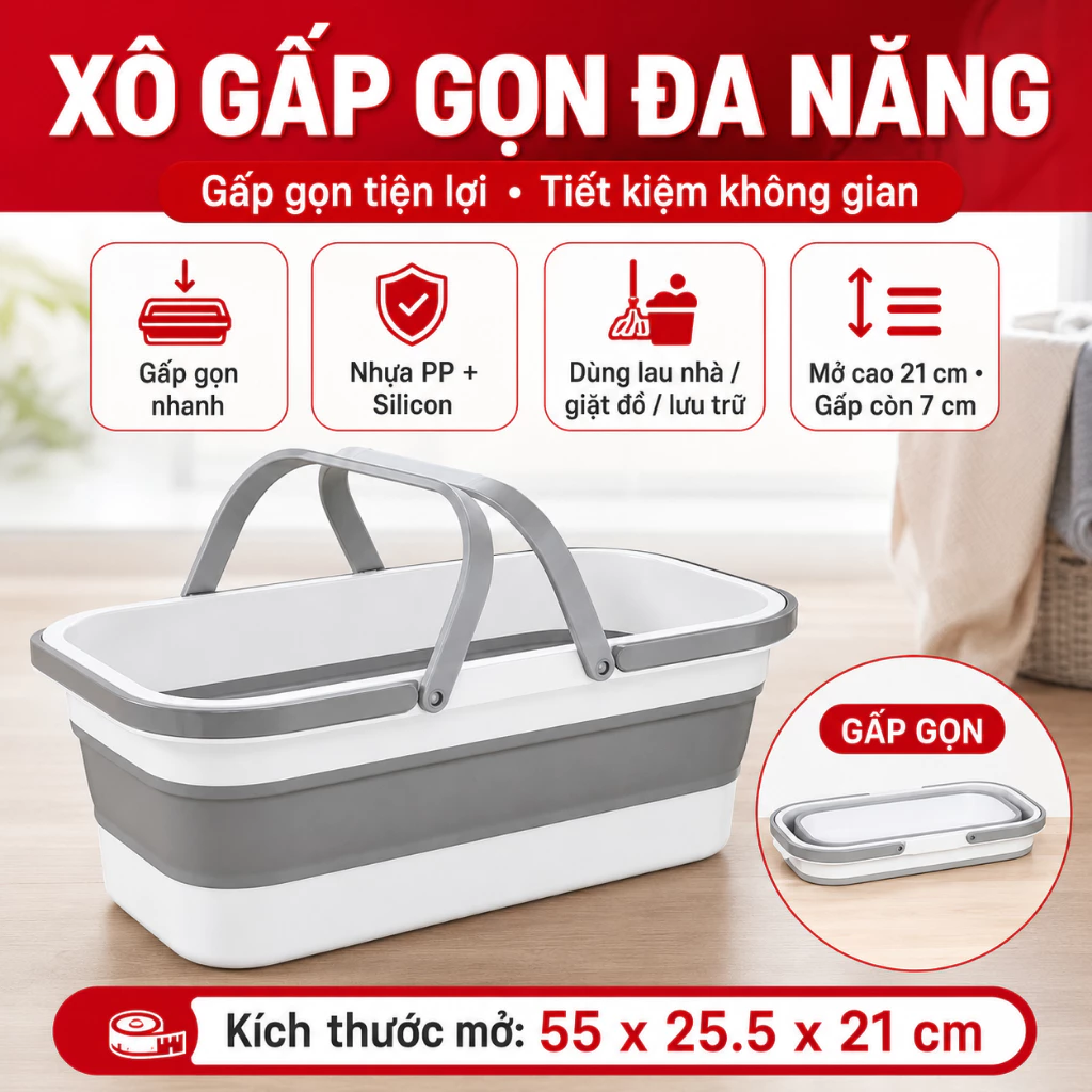 Xô Gấp Gọn Đa Năng 16L, Chậu Giặt Đồ Gấp Gọn Nhựa PP Silicon, Dùng Lau Nhà Giặt Đồ Lưu Trữ Quần Áo Tiện Lợi