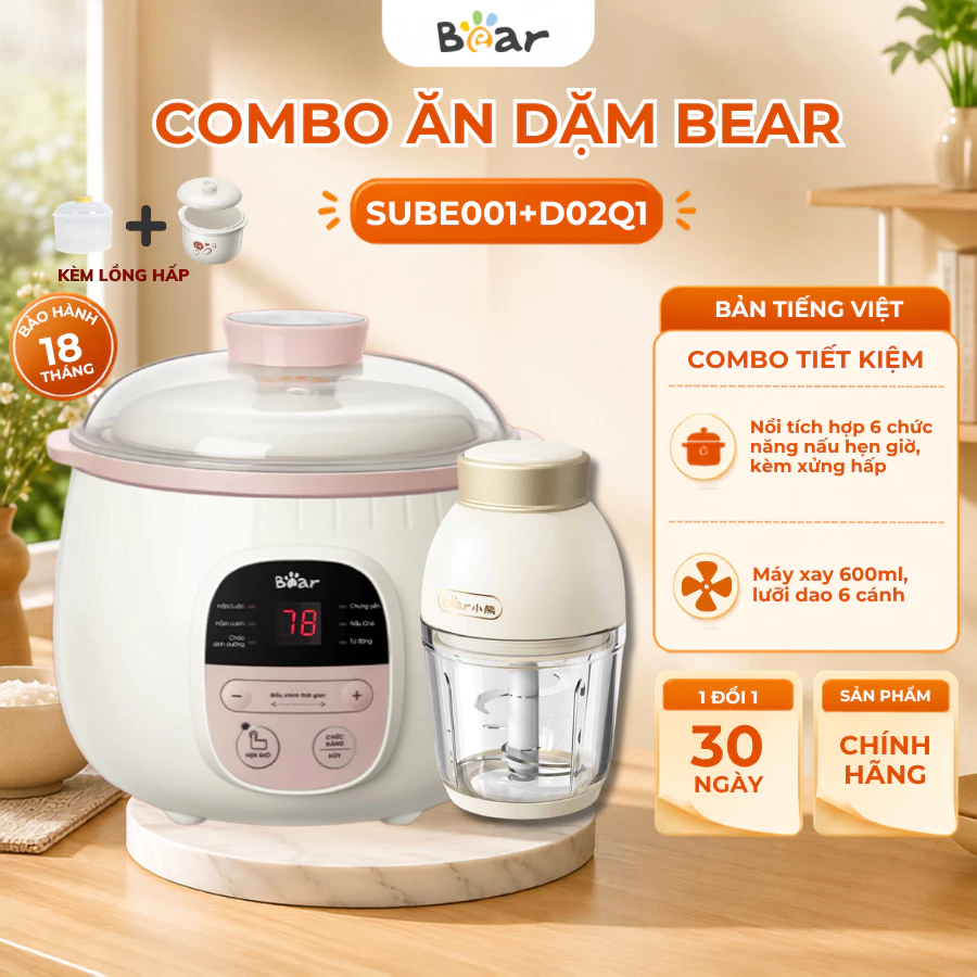 COMBO Nồi Nấu Cháo Chậm Và Máy Xay Ăn Dặm Bear Cho Bé 0.8L SUBE001- 0.6L QSJ-D02Q1,Bảo Hành 18 Tháng