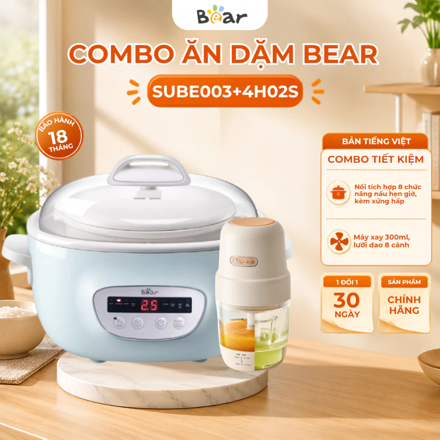 COMBO Nồi Nấu Cháo Chậm Có Hẹn Giờ 2.5L Bear SUBE003 Và Máy Xay Ăn Dặm 8Lưỡi Cối 0.3L Bear CH-4H02S