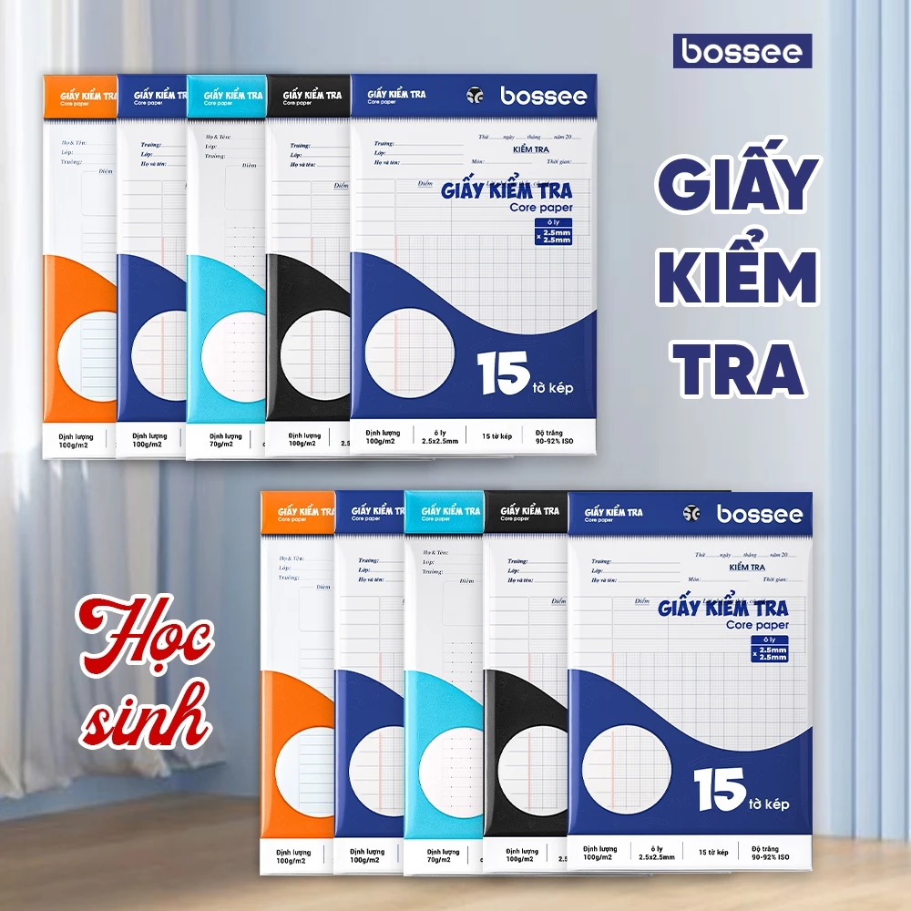 Giấy Kiểm Tra Bossee Cấp 1, 2, 3 Giấy Chống Lóa Cao Cấp 4 Ô Ly Vuông/ Kẻ Ngang Tờ Đơn, Tờ Kép Tiện Lợi