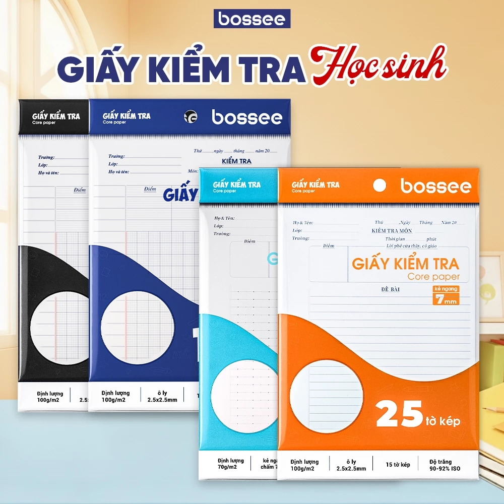 Giấy Kiểm Tra Cấp 1 Kẻ 4 Ô Ly Vuông, Giấy Kẻ Ngang Cấp 2, Cấp 3 - Giấy Dày Dặn, Chống Lóa Cao Cấp