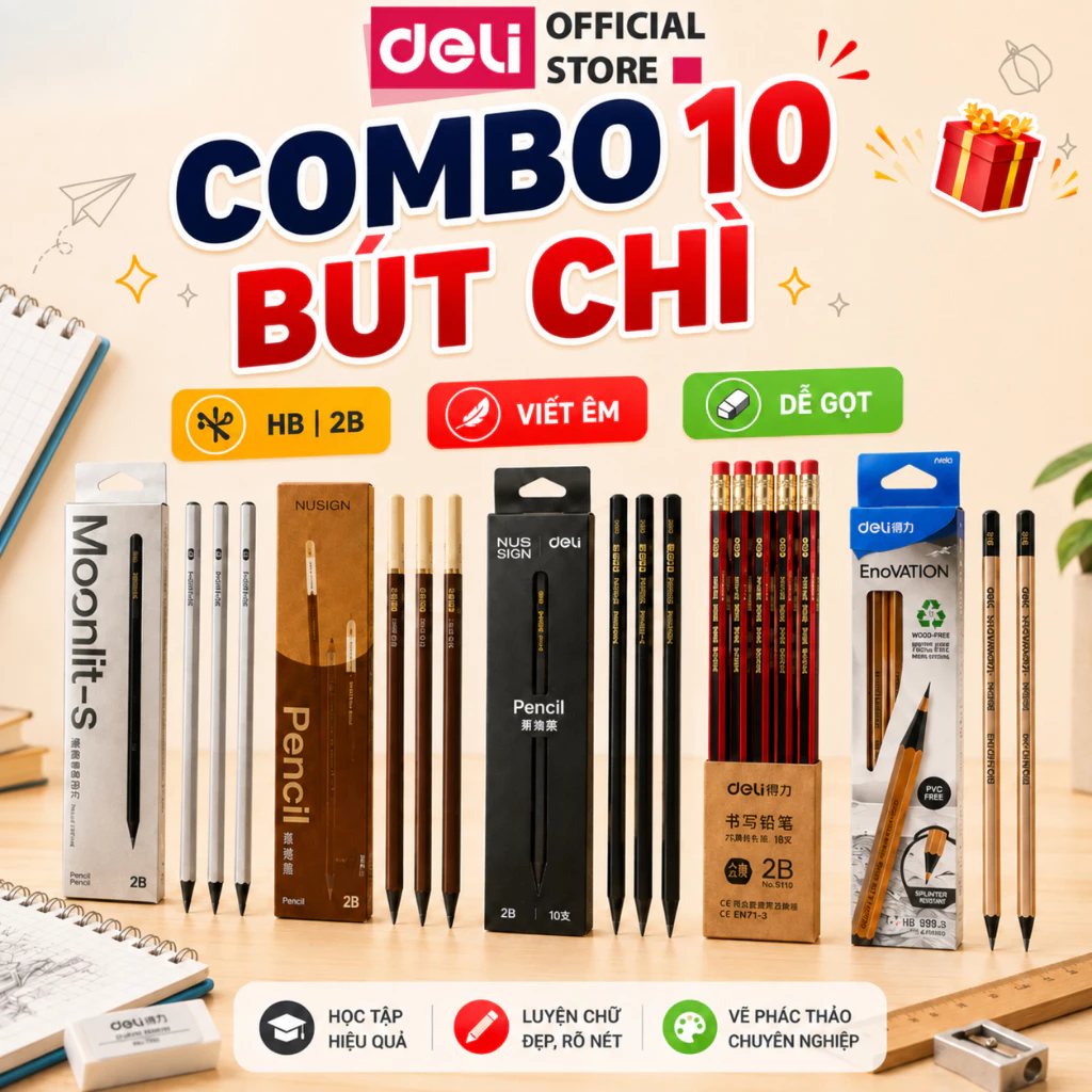 [MUA 3 GIẢM 30%] Hộp 10/12 Bút Chì Lục Giác 2B HB Deli - Dễ Gọt Bút Chì Thi Trắc Nghiệm Ruột Đậm