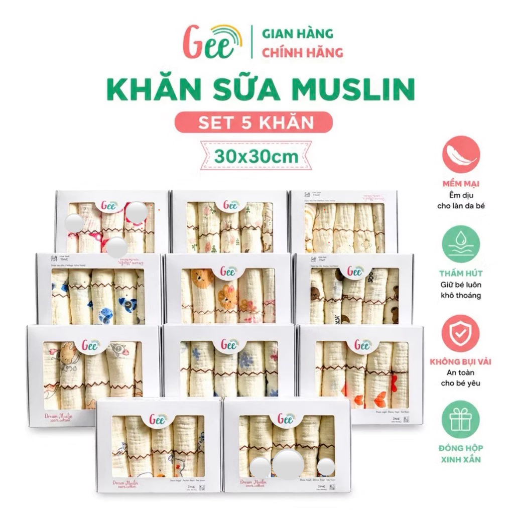 Khăn sữa muslin Gee, set 5 khăn xô 2 lớp mềm mịn mát, thấm hút, an toàn cho bé, họa tiết dễ thương, vải cotton, 30x30cm