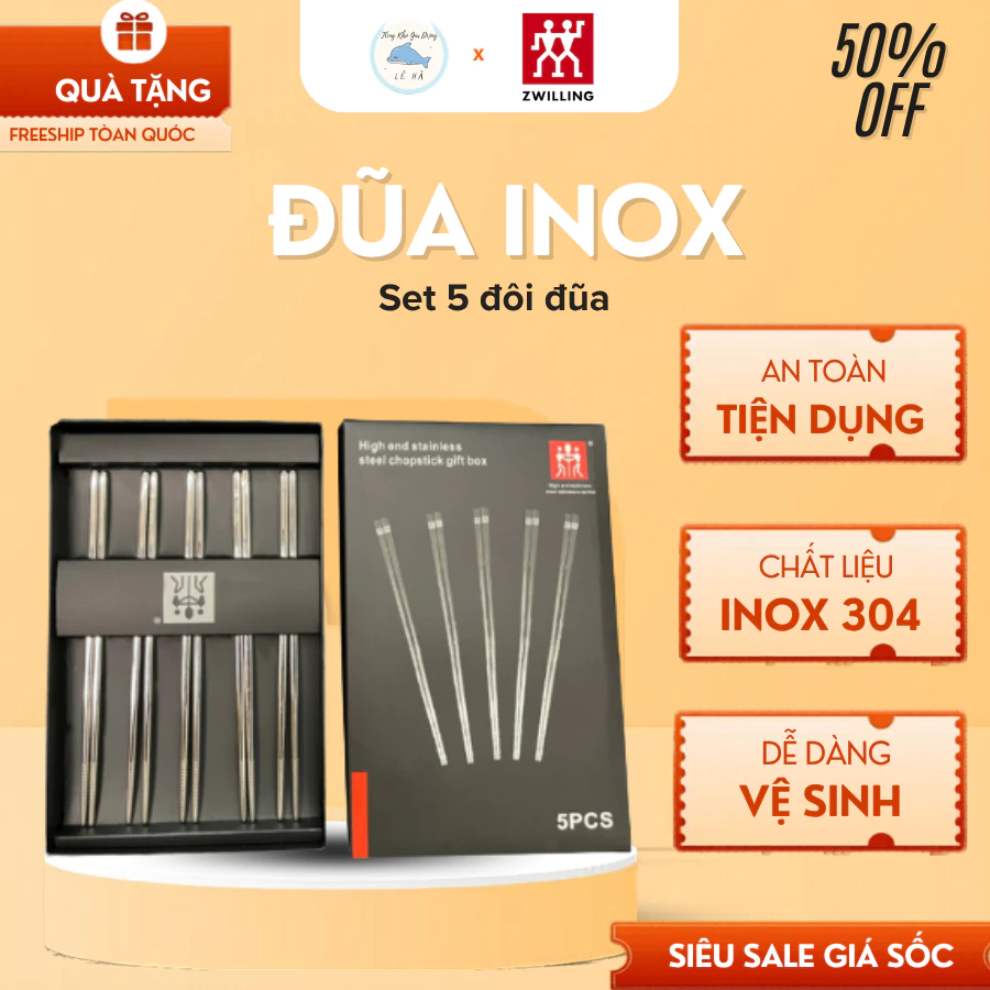 Đũa inox 304 chống trượt, hộp 5 đôi đũa Zwilling Đức kháng khuẩn cao cấp - Tổng Kho Gia Dụng Lê Hà