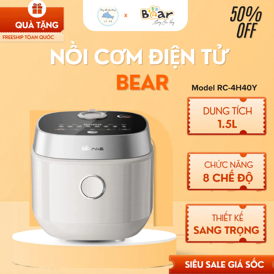 Nồi cơm Điện Tử Bear 1.5L  Lòng Nồi Gang Tráng Men RC-4H40Y Cao Cấp Công Suất 800W - Tổng Kho Lê Hà