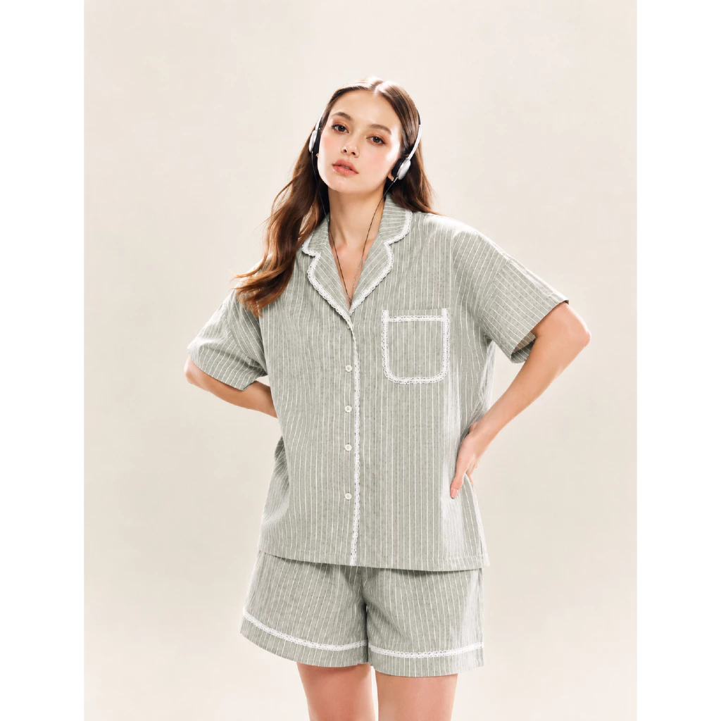 [ Fit To Sleep ] Olina Bộ Pijama Sọc Ghi Vintage - Chất Liệu 100% Cotton Cao Cấp