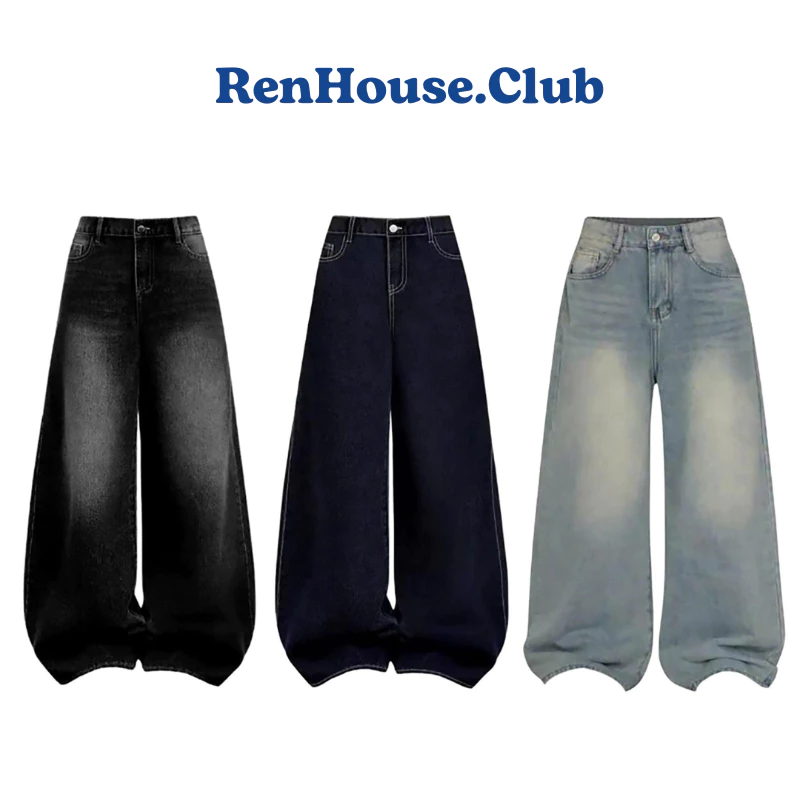 Quần Jean Nữ Ống Suông , Quần Bò Jean Ống Xuông Rộng Wash RETRO Renhouse Chất Vải Dày Dặn Màu Đen Wash Cạp Cao Tôn Dáng