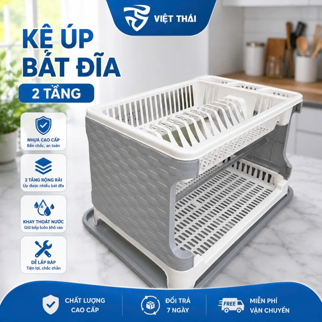 Kệ úp bát đĩa 2 tầng bằng nhựa PP cao cấp màu trắng & xám kèm ống đựng đũa và khay hứng nước tiện ích cho bếp