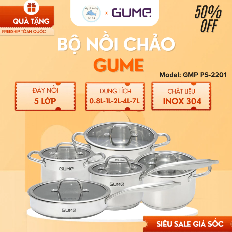 Bộ Nồi Chảo GUME, Nồi Inox Với đáy 5 Lớp Phù Hợp Với Mọi Loại Bếp - Tổng Kho Gia Dụng Lê Hà