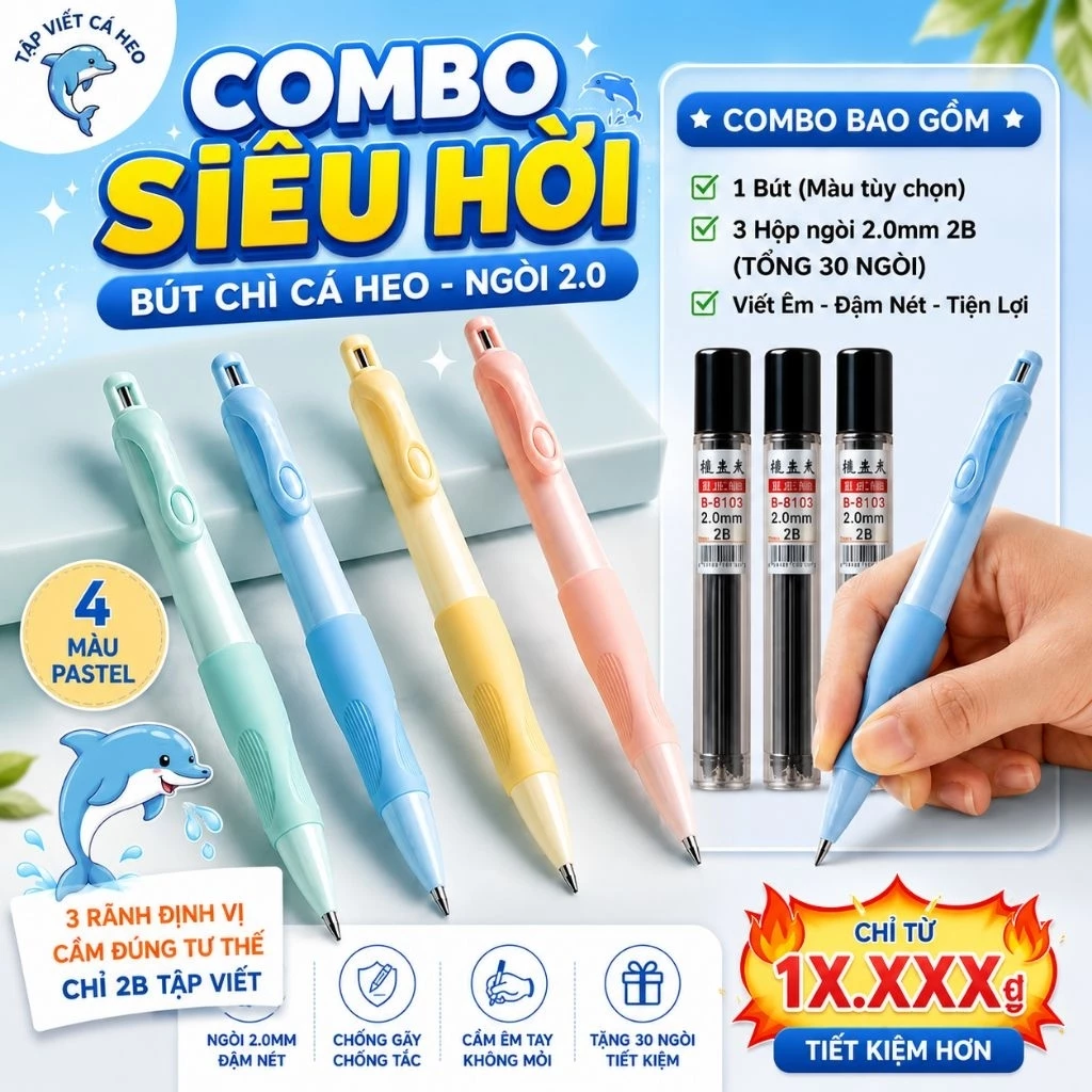 🏝🐬 🌈Combo💝 BÚT CHÌ BẤM - BÚT CHÌ ĐỊNH VỊ CÁ HEO 2B NGÒI 2.0 mm SẴN GỌT CHÌ + NGÒI DỰ PHÒNG🐬🏞