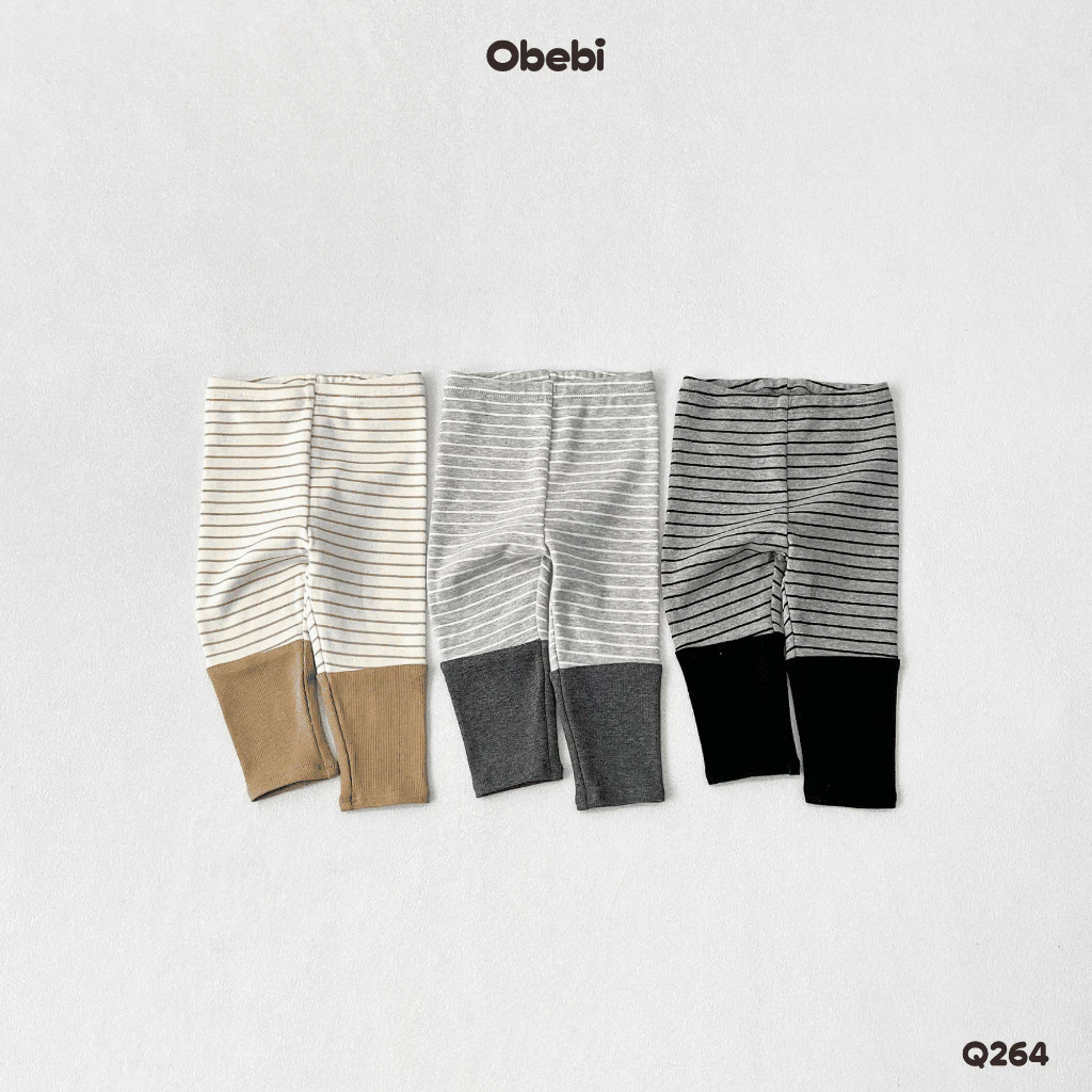 Combo 2 Quần Legging Thu Đông Kẻ Ngang Phối Gấu Vải Gân Cho Bé Trai Bé Gái Obebi 6-23kg CB179: Combo 2 Q264
