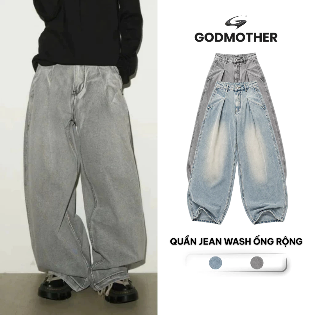 Quần Jeans Wash Ống Rộng GODMOTHER Quần Denim Unisex Phong Cách Hàn Quốc