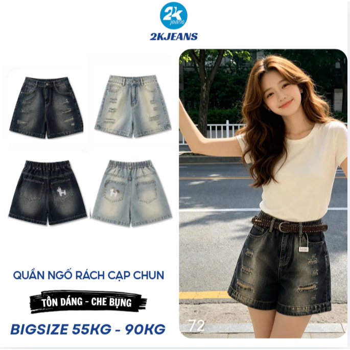 [DEAL SỐC] Quần Ngố Jean Nữ Bigsize QC72 Lưng Cao Cạp Chun Thêu Ngựa Form Rộng Rách Vải Denim 55-90kg