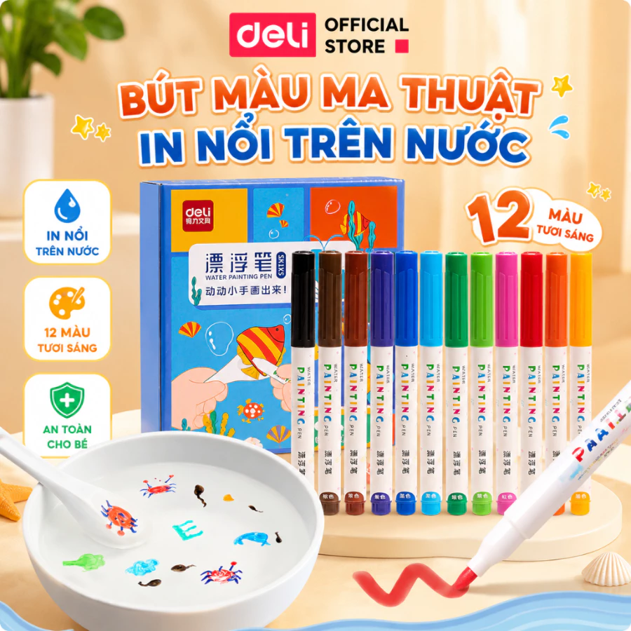 [MUA 3 GIẢM 30%] Đồ Chơi Tư Duy Sáng Tạo Bút Màu Ma Thuật Deli 12 Bút Vẽ Hình Nổi Trên Nước