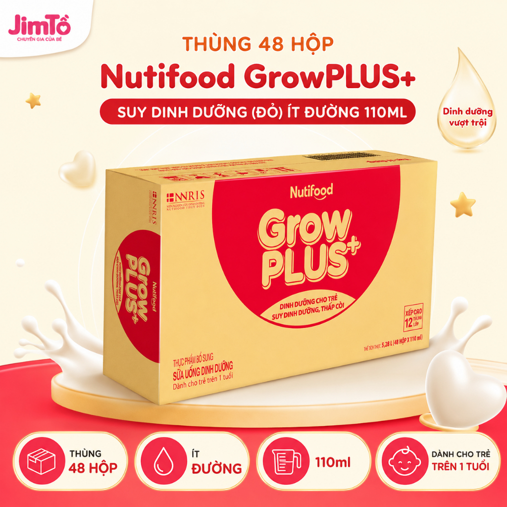 Thùng 48 hộp Nutifood GrowPLUS+ Suy Dinh Dưỡng (Đỏ) Ít đường 110ml