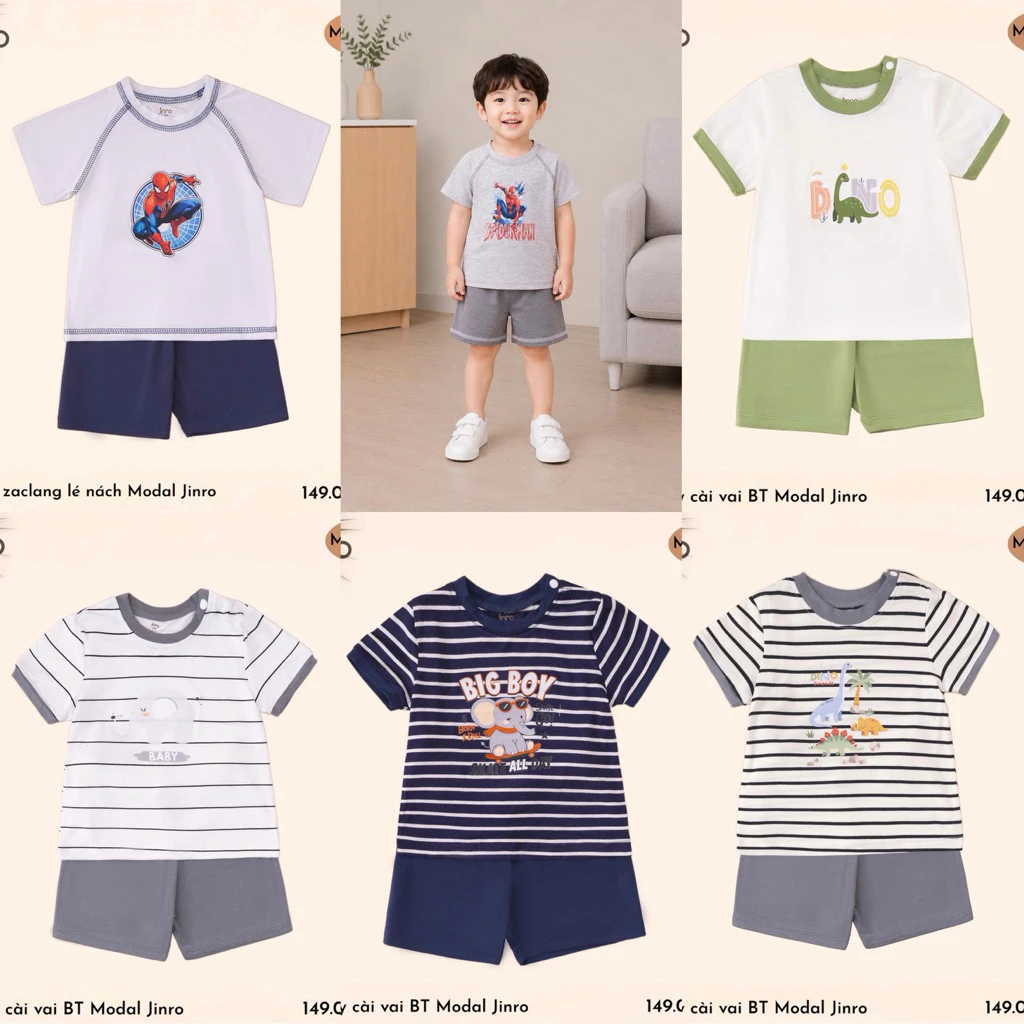 Bộ quần áo cộc tay hãng JINRO chất modal petit cho bé từ 9 tháng đến 4 tuổi đang được đối chiếu cho người mua tại Việt Nam