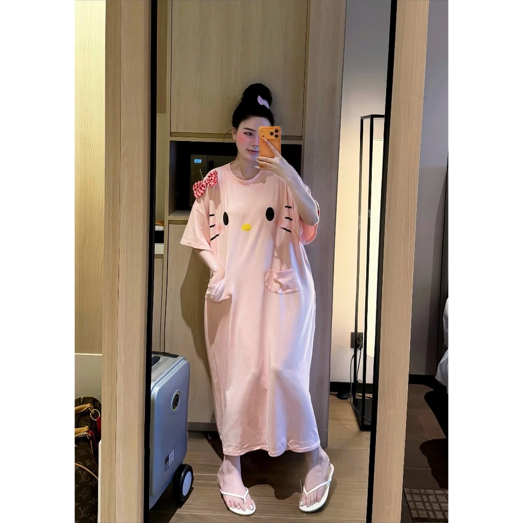 Váy ngủ Hello Kitty dáng suông dài cài nơ đầm ngủ đầm bầu mặc ở nhà thoải mái phong cách cute V55