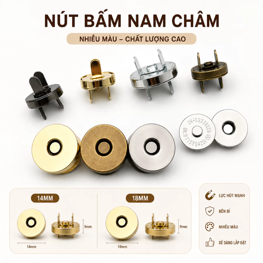 Nút Hít Nam Châm dùng cho Quần Áo, Túi Ví Handmade, DIY Làm Bằng Chất Hợp Kim Loại Cao Cấp