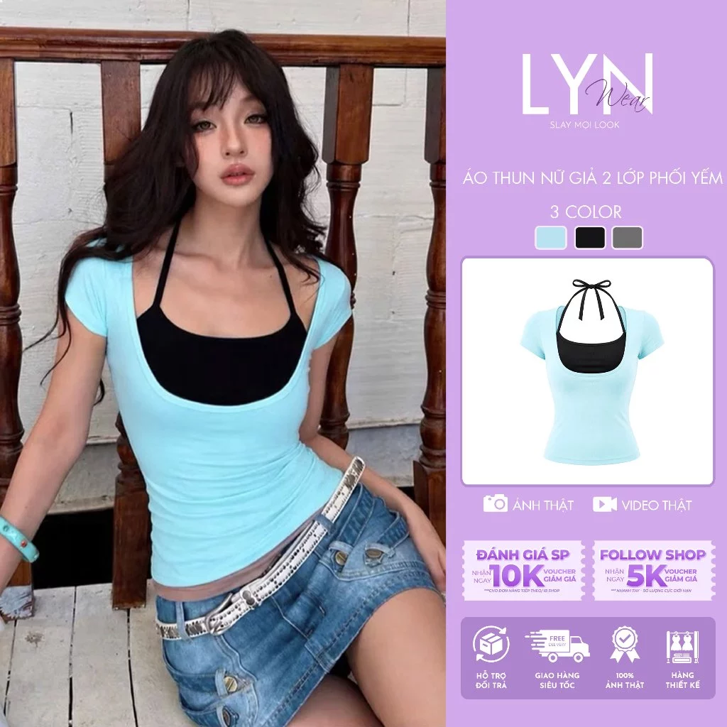 | LYN WEAR | Áo thun nữ giả 2 lớp phối yếm crop ôm body tay ngắn màu xanh Tiffany Hàn Quốc