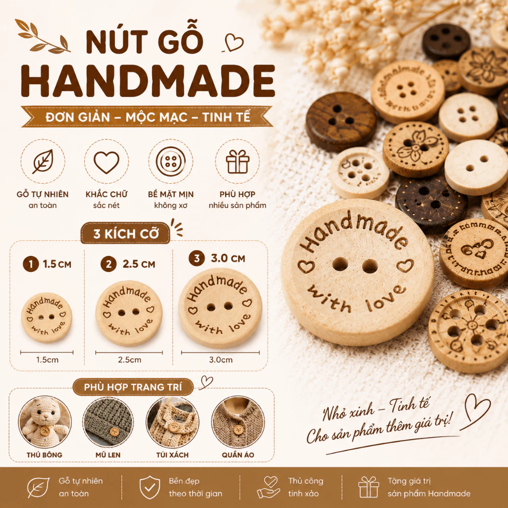 Nút Gỗ Handmade LYLYCRAFT Đủ Size, Cúc Gỗ Vintage Dùng May Vá, Trang Trí Thú Bông Đồ Thủ Công