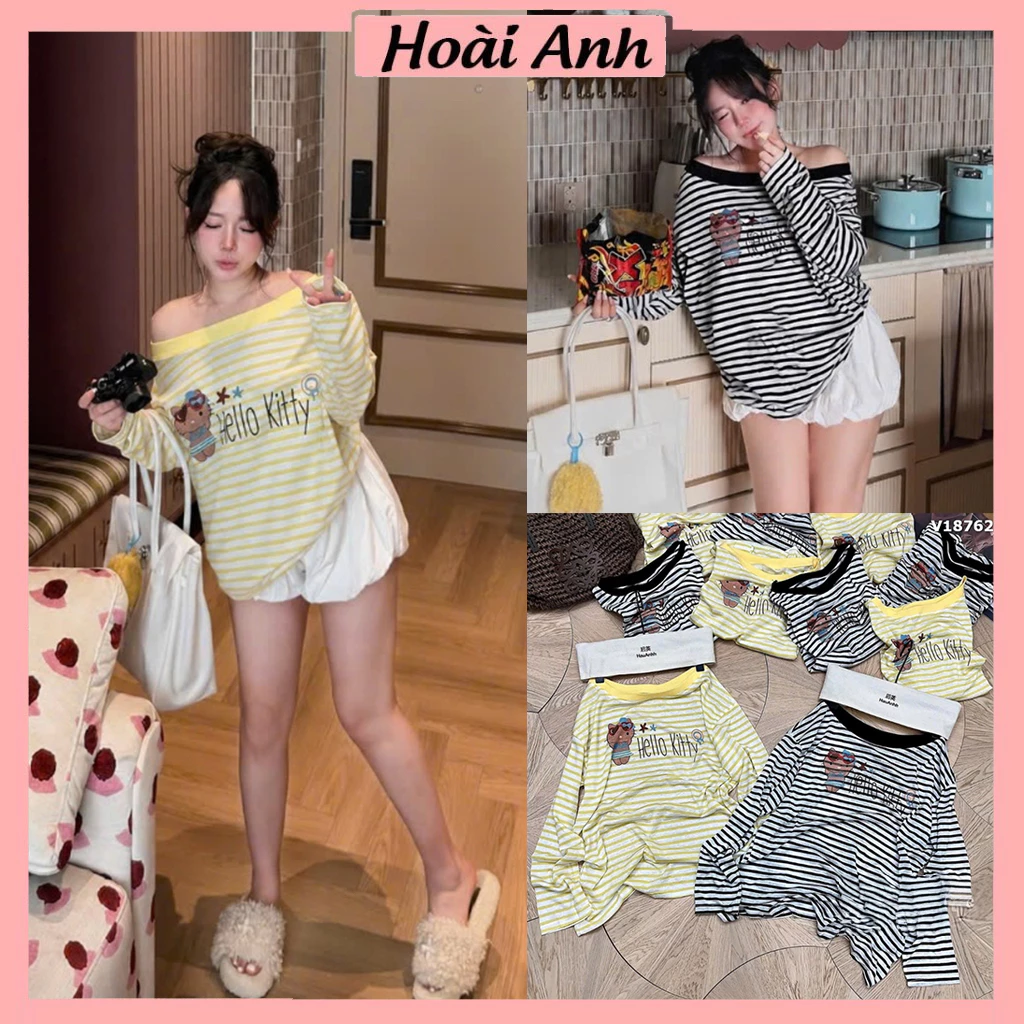Áo Thun Giấy Kẻ Ngang Đen Vàng Trễ Lệch Vai In Mèo Hello Kitty Dài Tay