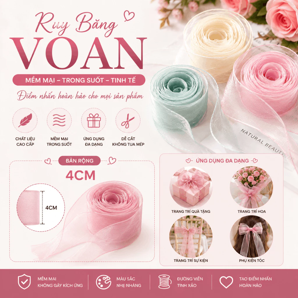 Ruy Băng Voan Trơn Tính Theo 1 Mét Bản 4cm Lylycraft
