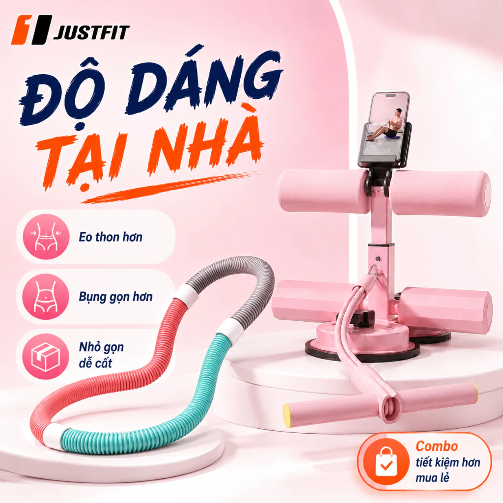 Combo Độ Dáng Tại Nhà JUSTFIT Vòng Lắc Eo 1.5KG Và Trụ Tập Bụng Chữ T Đế Hút Chân Không, Kèm Dây Kéo