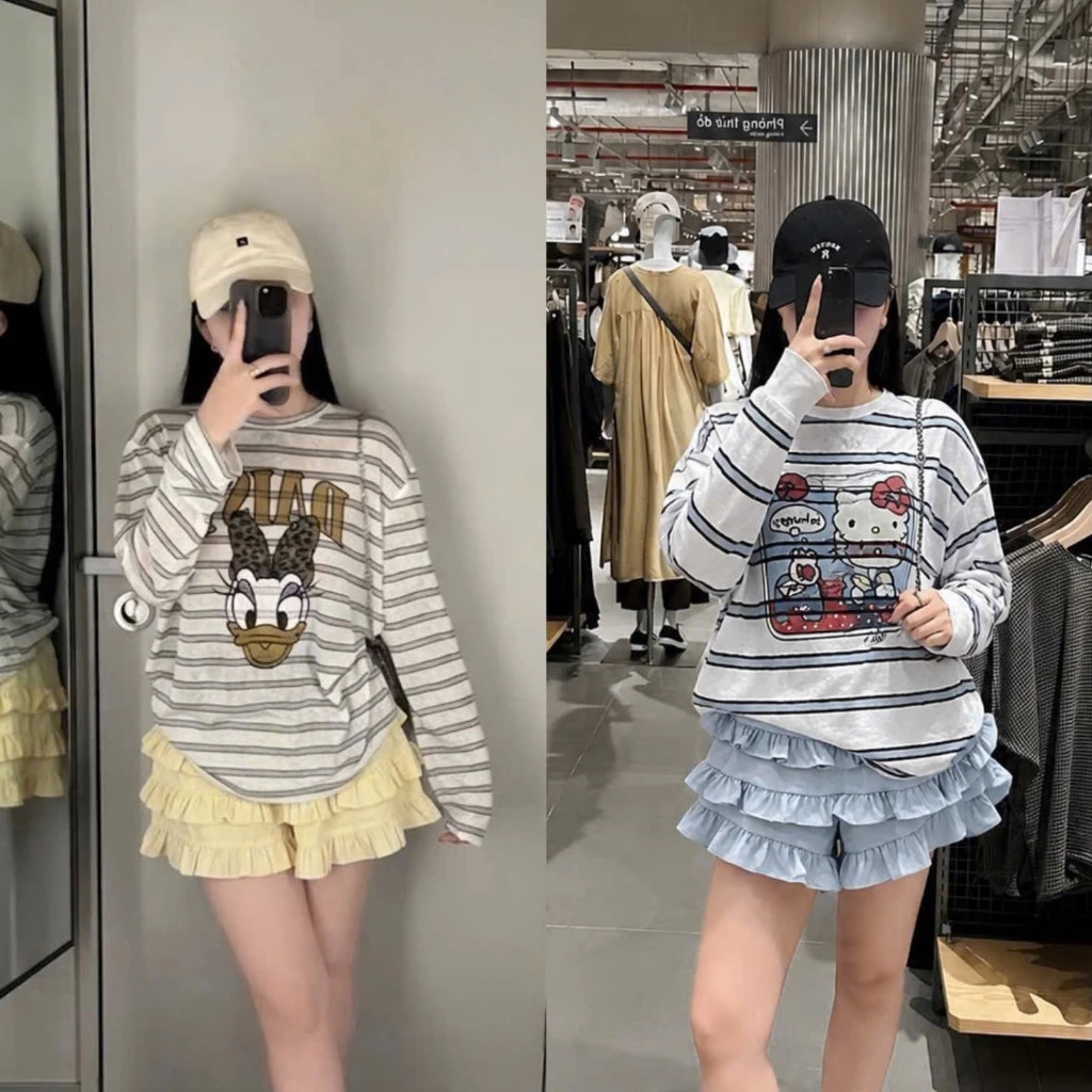 (Set Bộ): Áo Thun Giấy Kẻ Ngang In Hoạt Hình Mix Chân Váy Cạp Chun Bèo Tầng 2 Màu Cực Cute-Ảnh Thật Lollaye