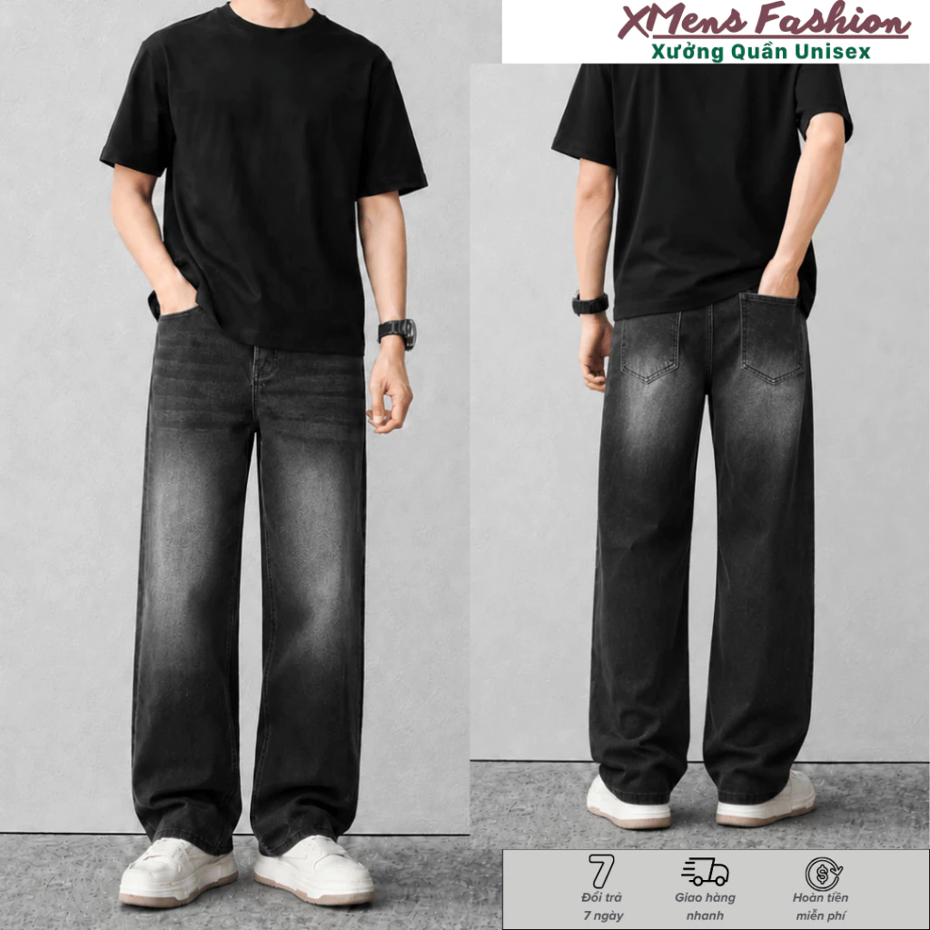 Quần Jean Nam Ống Rộng Suông Cạp Cao Liloha_VN Xanh Retro, Quần Bò Nam Dáng Baggy Wash SMOKE Chất Vải Cao Cấp Dabass