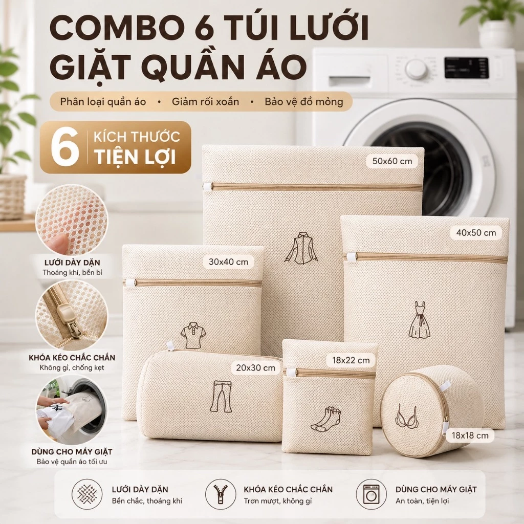 Combo 6 Túi Lưới Giặt Quần Áo 3 Lớp Cao Cấp Hàng Loại 1 Có Khoá Kéo Phân Loại Quần Áo Riêng Biệt