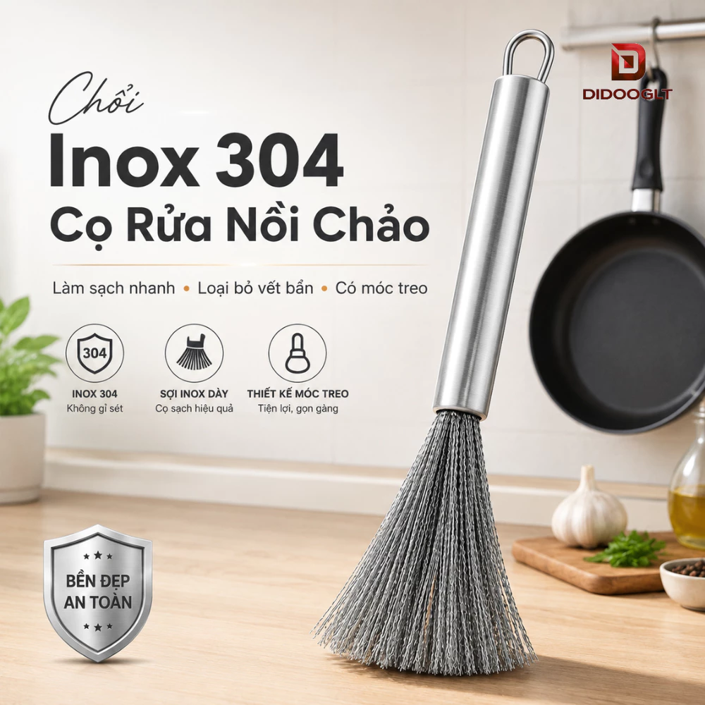 Chổi Cọ Nồi Chảo Inox 304 Siêu Sạch, Sợi Inox Dày Bền, Có Móc Treo Tiện Lợi Didooglt