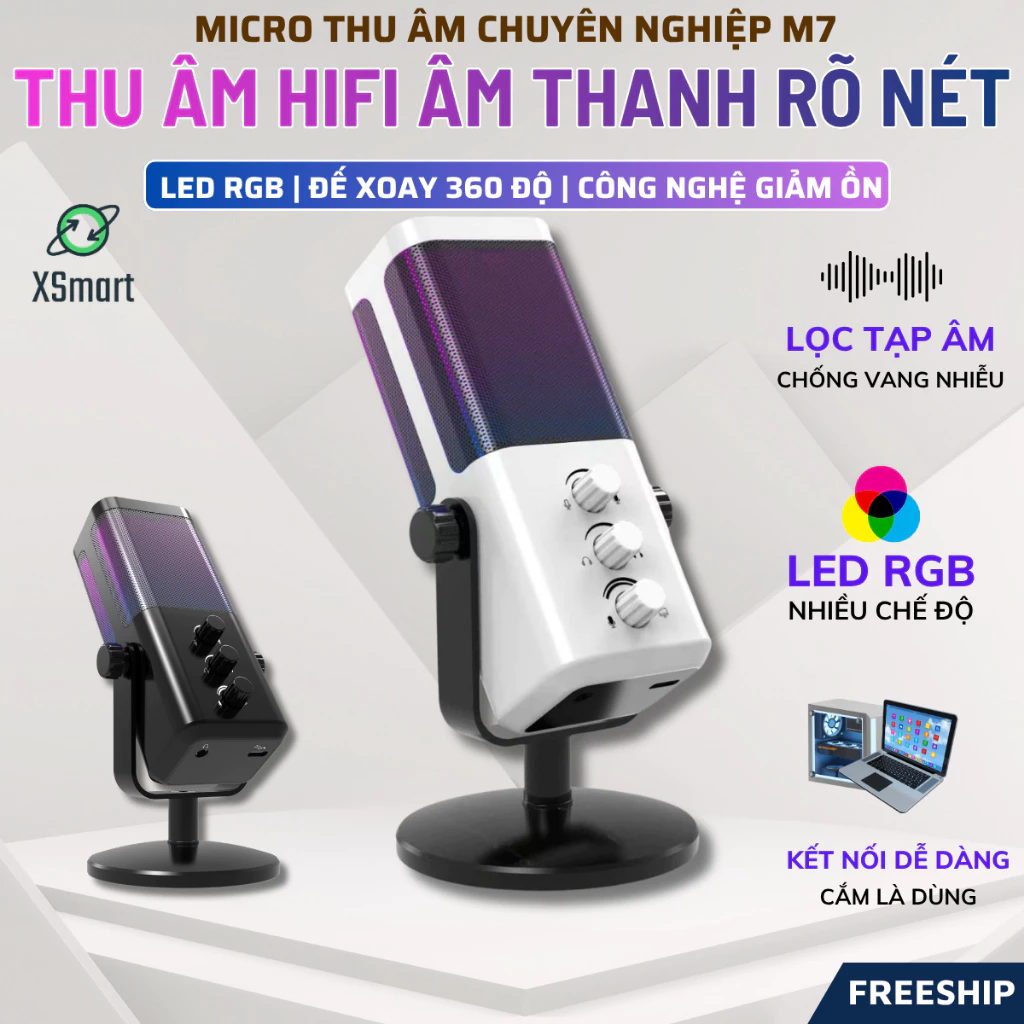 Micro Gaming Thu Âm Chuyên Nghiệp M7 Chip Âm Thanh Hifi, LED RGB, Lọc Tạp Âm, Chơi Game Live Stream