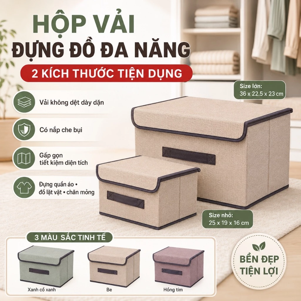 Set 2 Hộp Đựng Quần Áo BELLEVIE Túi Đựng Quần Áo Có Nắp Gấp Gọn Vải Không Dệt Chống Nước Dày Dặn