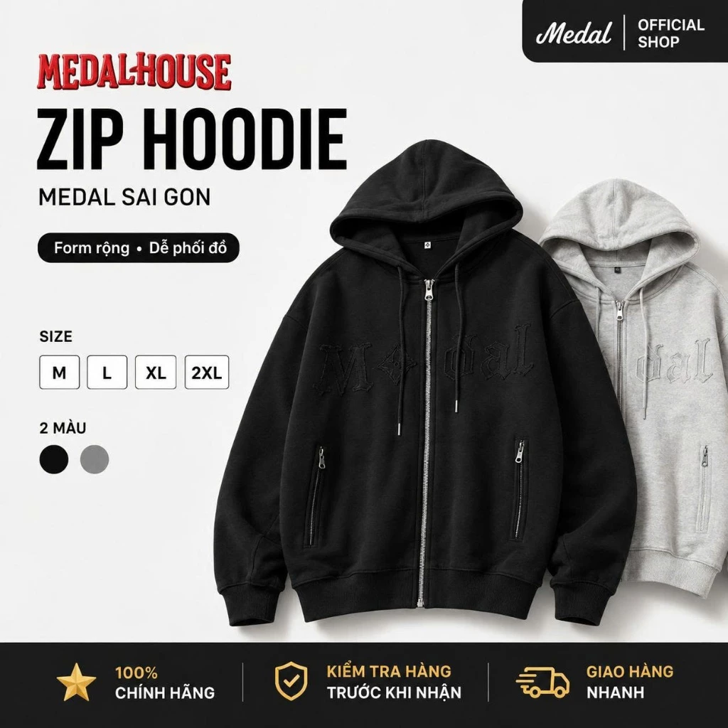 Áo Khoác Hoodie Zip Medal.SaiGon Thêu Chữ Nổi Xù to trước ngực Form Rộng Unisex, Chất nỉ da cá 100%, dày dặn, chống nắng