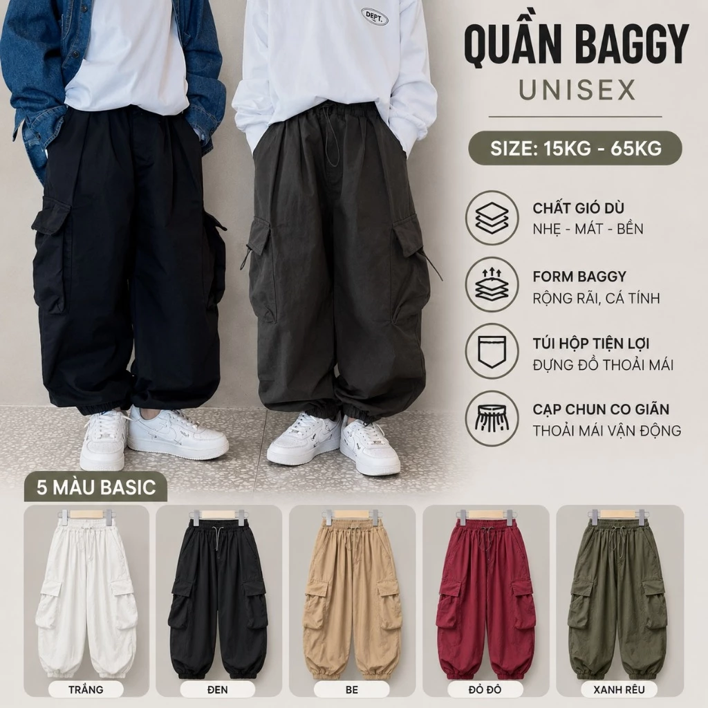 Quần Gió Ống Rộng Túi Hộp Cho Bé Trai Bé Gái, Dáng Jogger Baggy Hàn Quốc Nam Nữ Thời Trang Moonbe Quần Gió Túi Hộp