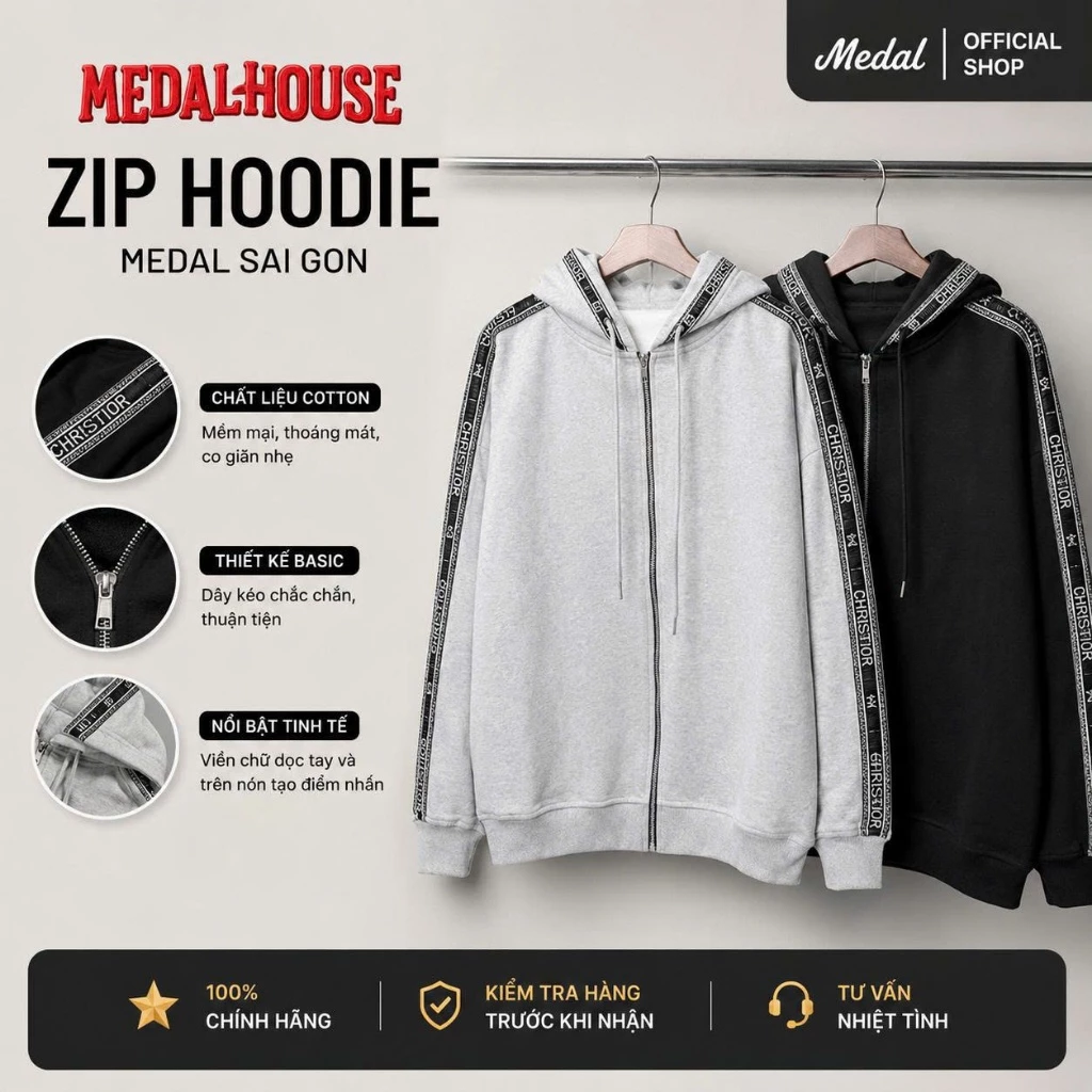 Áo hoodie zip unisex phối viền chữ dọc tay & nón,thêu sọc tay và mũ, thiết kế sọc chữ streetwear cá tính, chất nỉ cotton