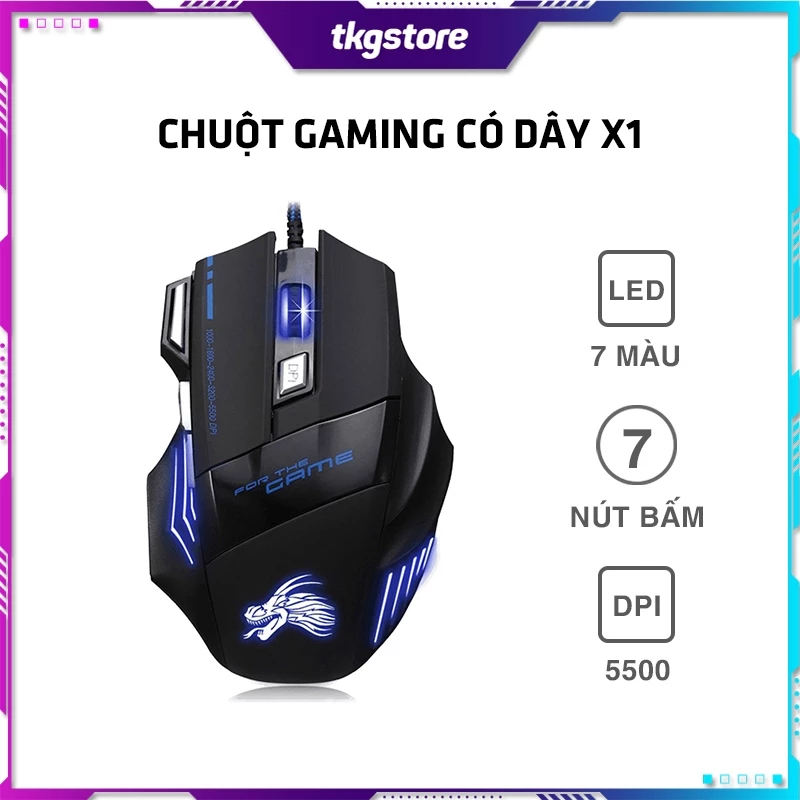 Chuột gaming X1 phiên bản 7 nút bấm led 7 màu DPI lên đến 5500 siêu mượt dây dài bọc dù chắc chắn