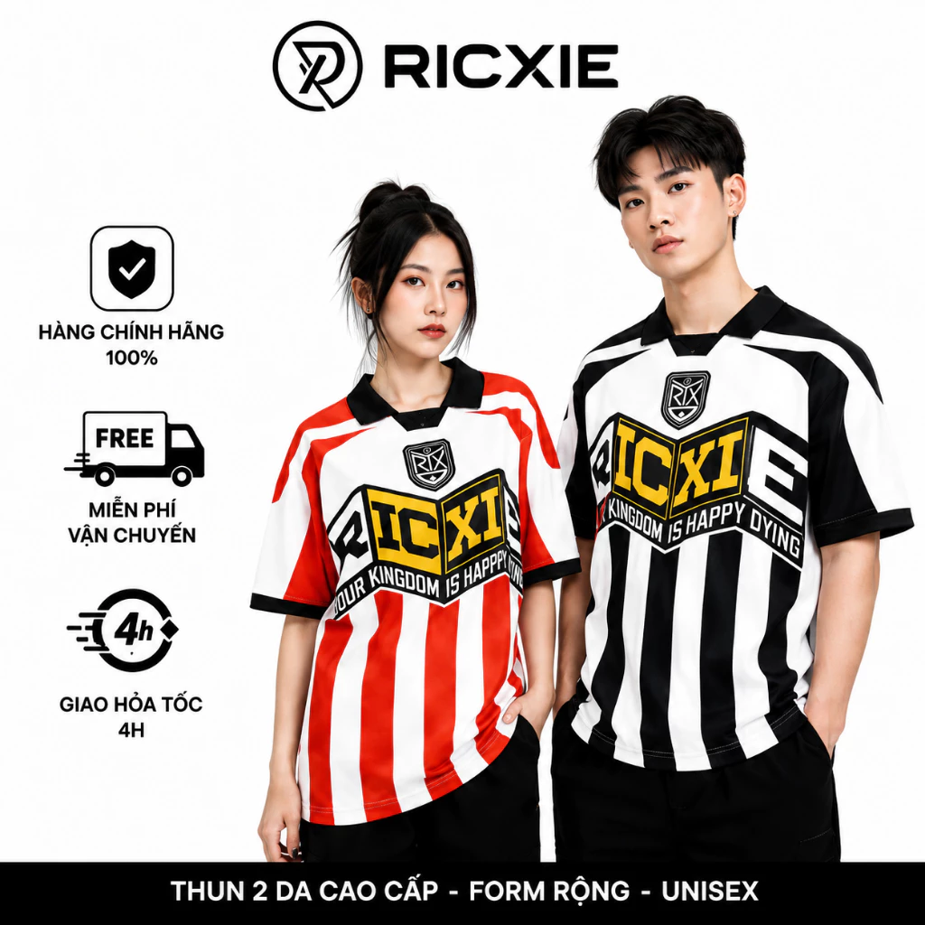 Áo Polo RICXIE Unisex Đen Đỏ Xanh Kẻ Sọc Blockcore Form Rộng Thun 2 Da