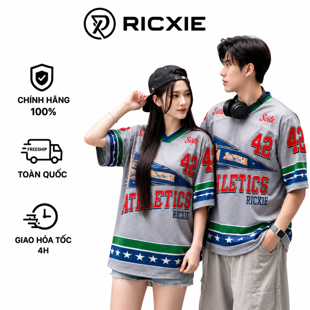 Áo Jersey Ricxie Unisex Xám Form Boxy Oversize Lưới Thể Thao Streetwear