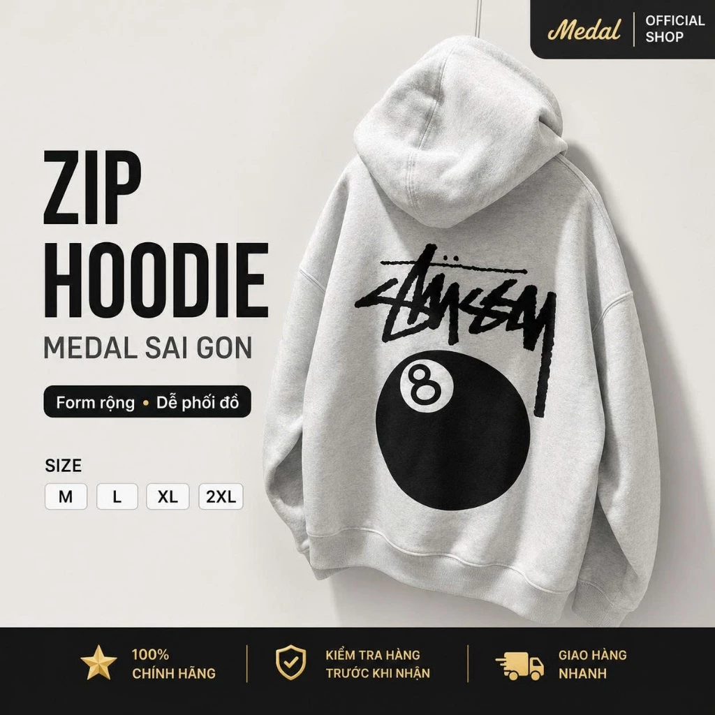 {LOẠI 1l} Áo Khoác Nỉ Zip In Stussy Màu Xám – Hoodie Zip In Hình Dày Dặn, unisex nam nữ MC015 .