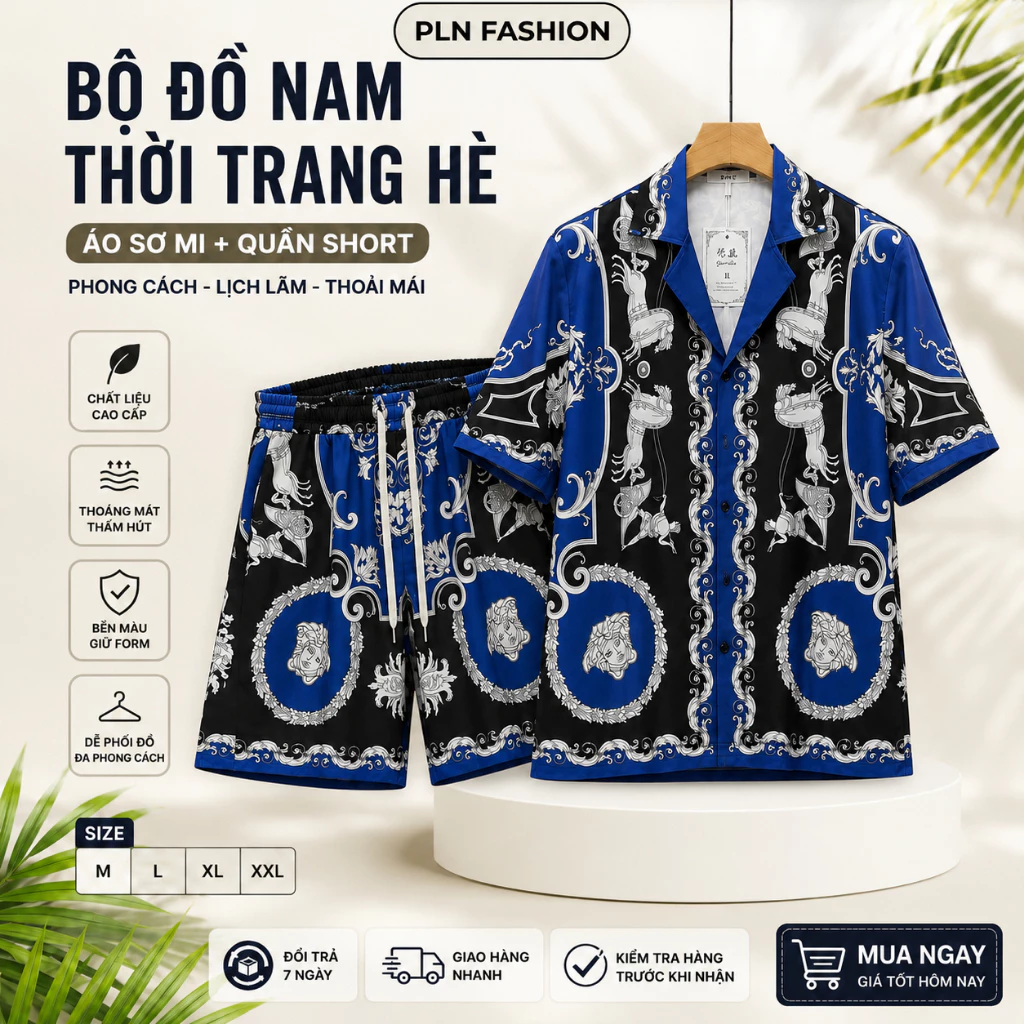 bộ quần áo sơ mi mặc mùa hè nam chất lụa in họa tiết 3D, quần áo ngắn tay nam chất lụa mịn mát N54