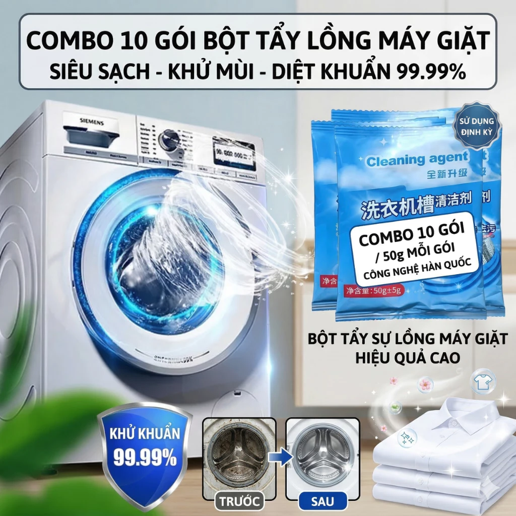 Combo 10 Gói Bột Tẩy Lồng Máy Giặt Siêu Sạch, Khử Mùi, Diệt Khuẩn, Vệ Sinh Máy Giặt Hiệu Quả Cao