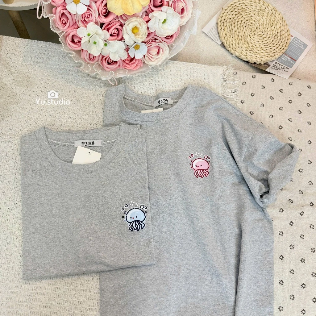 Áo thun YUSTUDIO3158 form rộng tay lỡ chất cotton khô mẫu icon Bạch Tuộc cute