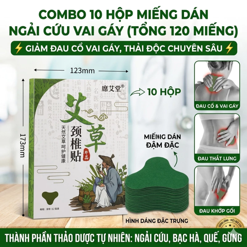 Combo 10 Hộp (hộp 12 Miếng) Dán Ngải Cứu Vai Gáy Giảm Đau Cổ Vai Gáy, Thải Độc