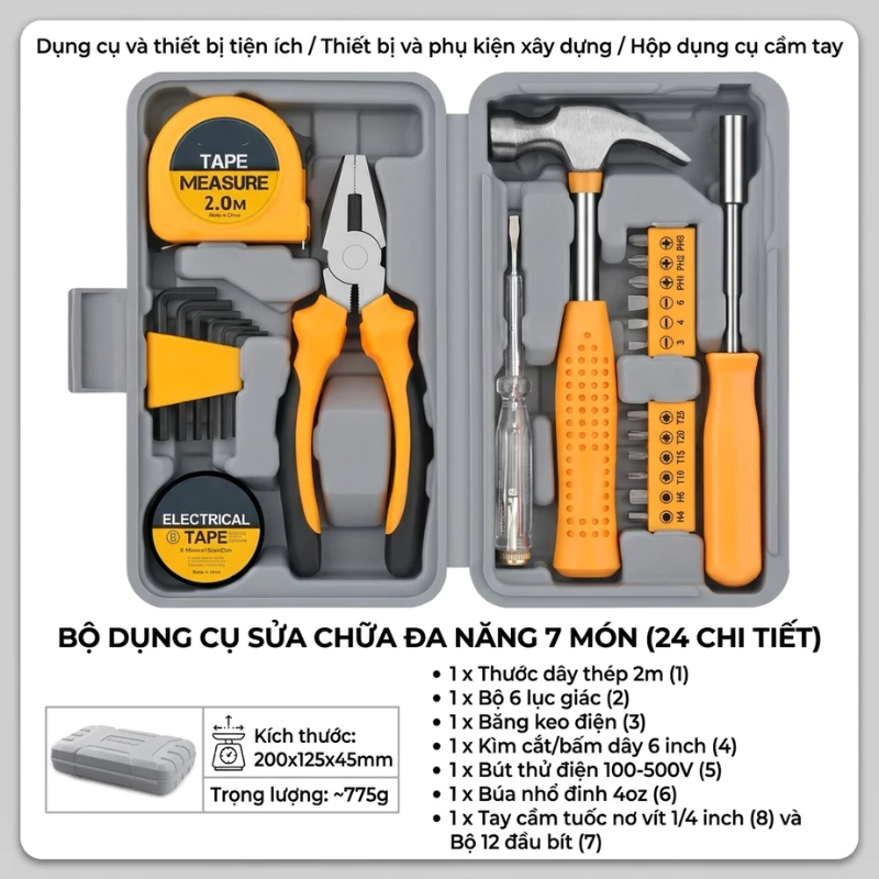 Bộ dụng cụ sửa điện đa năng gia đình 7 món 24 chi tiết có hộp đựng nhựa cứng cáp, tiệc ích gia đình