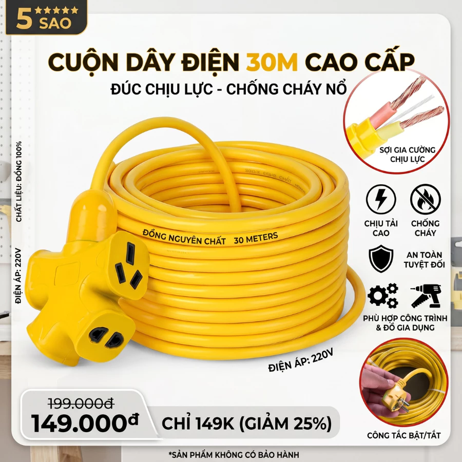 Cuộn Dây Điện Dài 30M Kèm Ổ Cắm, Phích Cắm Đúc Chịu Lực Cao Đa Năng Tiện Lợi, Dây Cấp Nguồn 220V