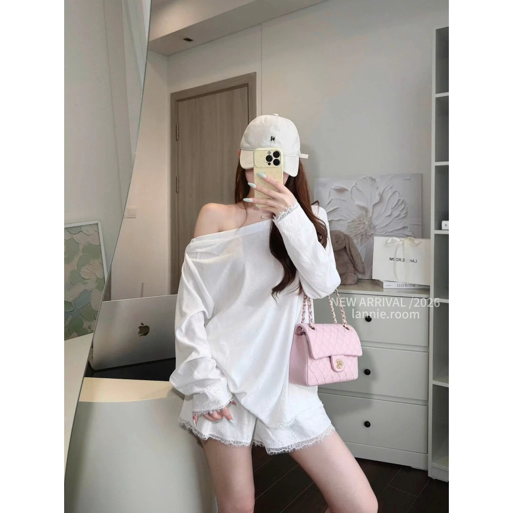 LAN01081- SET ÁO THUN DÀI TAY MIX QUẦN ĐÙI TRẮNG KEM REN LƯNG LANNIE