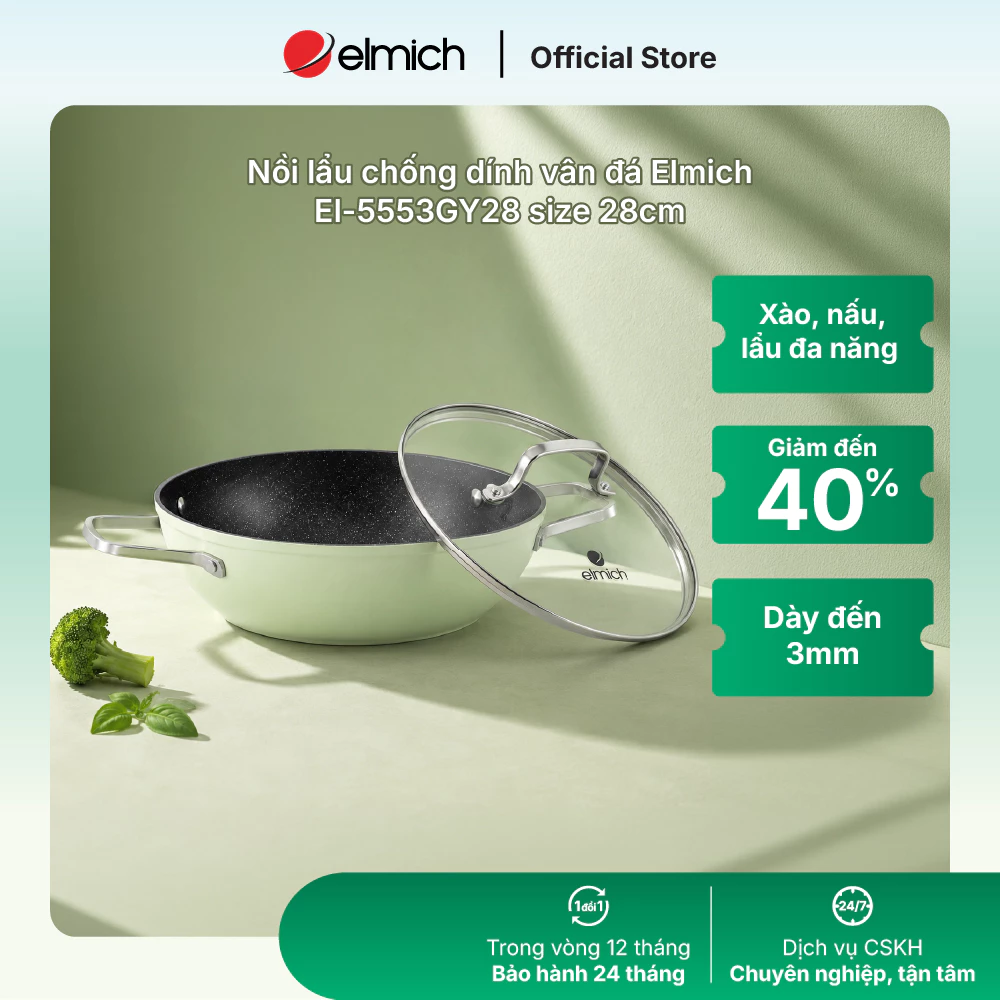 Nồi lẩu/ chảo lẩu xào chống dính Ceramic Elmich El-5553GY28 size 28cm